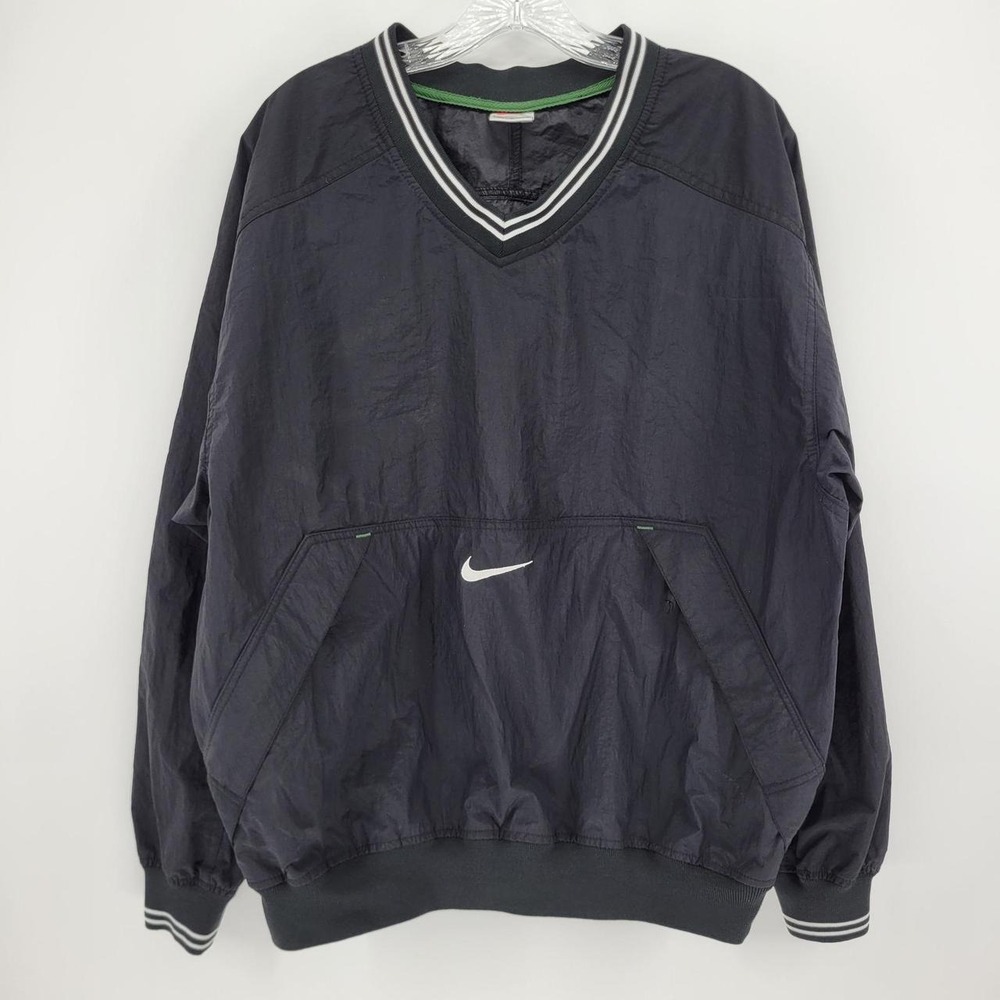 Vintage Nike Windbreaker Pullover Black V-Neck Nylon Warm Up Jacket Mens M